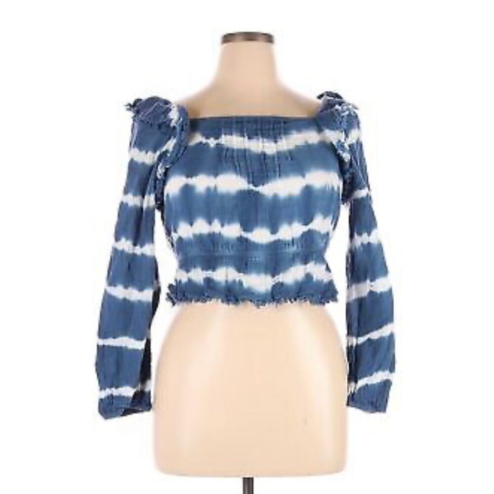 NWT True Craft Blue & White Tie Dye Raw Edge Women’s XL Long Sleeve Boho Shirt